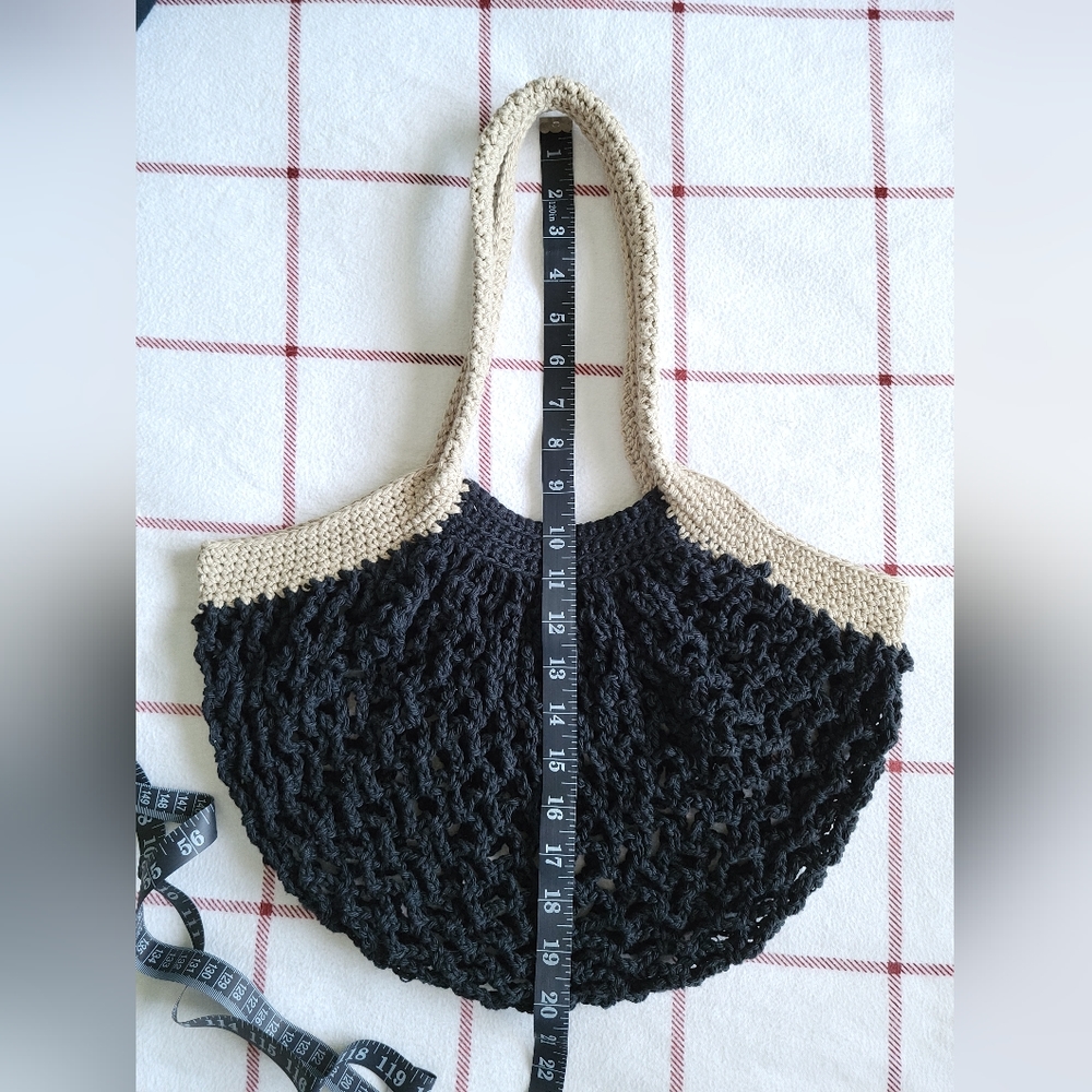 Crochet Farmers' Market Open-Weave Cotton Bag - Small, Black + Jute (Handmade) - Picture 6 of 8
